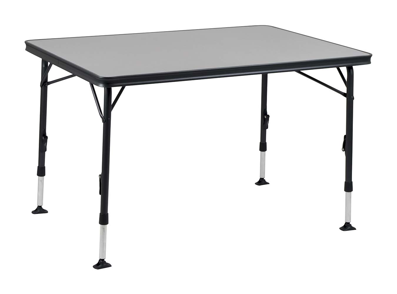 1151400 Ein sehr stabiler Tisch dank hoher Qualität. Durch seine einzigartige Konstruktion ist dieser Tisch einfach auf- und zuzuklappen. Die Beine sind nach dem Einklappen sicher in den Aluminiumschienen an der Unterseite der Tischplatte zu befestigen, die wiederum für eine zusätzliche Verstärkung sorgen.  Die große Tischplatte kann 4-6 Personen beherbergen. Dank hochwertiger Materialien und der hitzebeständigen und wasserfesten Tischplatte, wird eine lange Lebensdauer gewährleistet. Die Beine sorgen für hohe Stabilität durch die dicken und extra verstärkten Rohre.  Die Stabilisierungsfüße sorgen für zusätzlichen Halt auf jeder Oberfläche. Dieser Tisch ist durch den Alu-Rahmen leichtgewichtig und leicht zu transportieren.