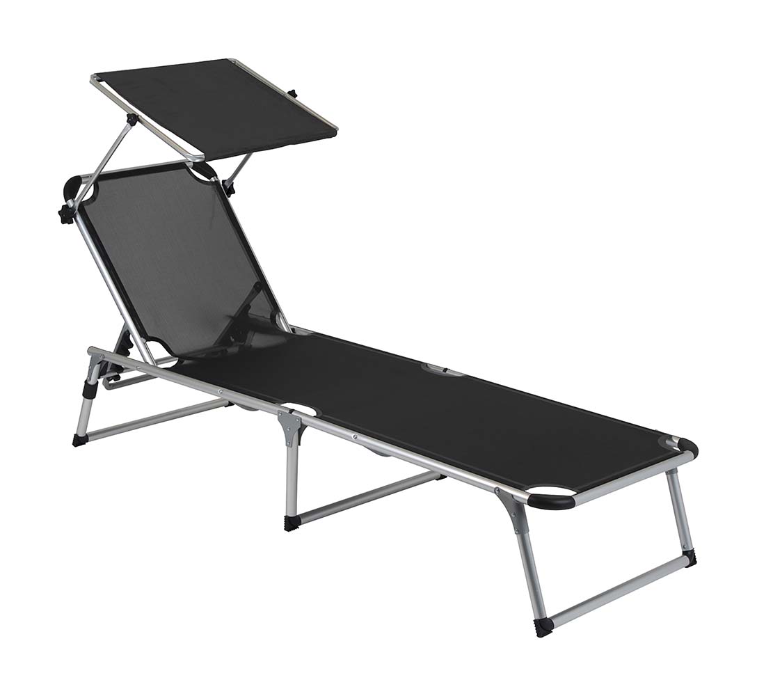 1304460 Eine Lieg mit einer verstellbaren Rückenlehne und einem Sonnenschirm. Die Rückenlehne dieses komfortablen Stuhls kann 5-fach verstellt werden, und der Sonnenschirm in viele Positionen eingestellt werden. Ausgerüstet mit einem leichtgewichtigen und stabilen Alu-Rahmen, und einer angenehmen Textilbespannung. Nach Gebrauch kompakt zusammenklappbar. Eingeklappt (LxBxH): 77x60x18 cm. Max. Belastbarkeit: 120 kg.