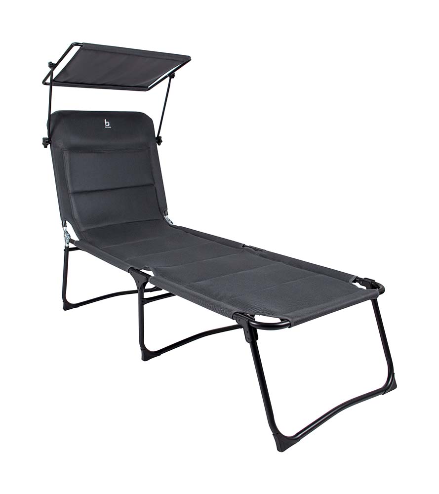 1304492 A comfortable lounger with an awning. This lounger is adjustable in 5 different positions and the awning can be placed in many different positions. Made of a lightweight and sturdy aluminum frame with a very comfortable 3D-Mesh upholstery for optimal lying comfort. Moreover, after use, it can be folded very easily and compactly.