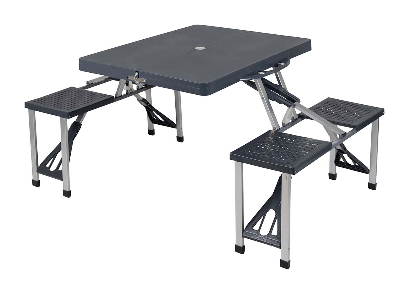 1404374 Una robusta mesa de picnic con 4 asientos. Tiene una estructura de acero liviano y una mesa de ABS. Esta mesa de picnic es sencilla y compacta de plegar (LxAnxAl: 35x86x11 cm).