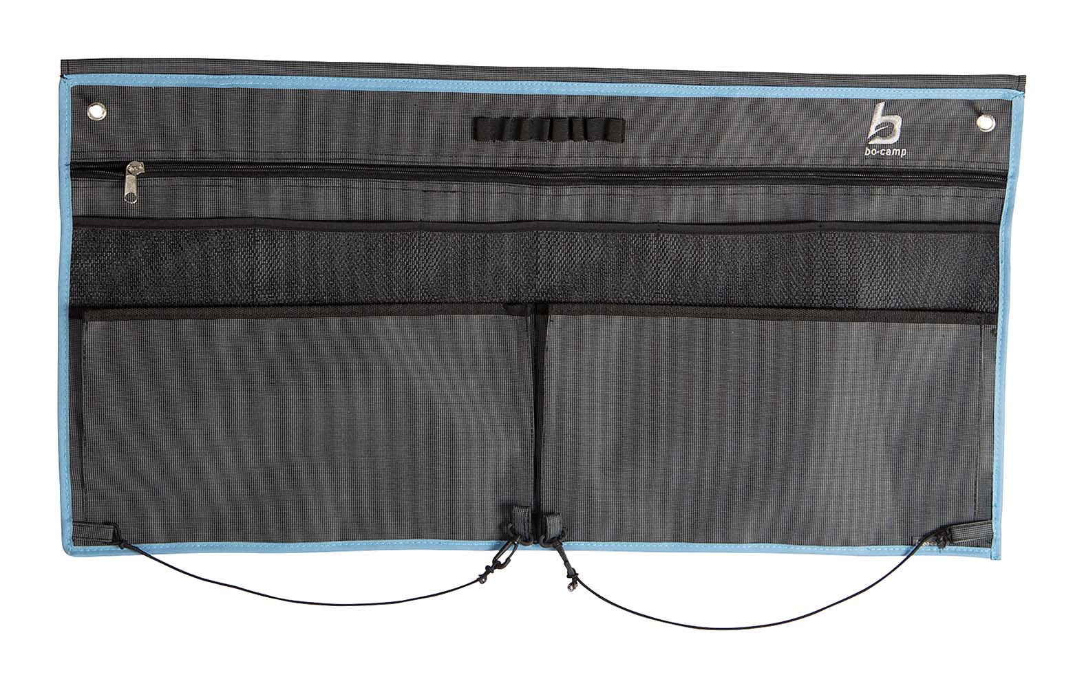 1771560 A multifunctional 9-compartments organizer. By means of a tendon, Velcro or suspension eyelets, this organizer is easy to attach. Ideal for the camper, caravan or tent. Equipped with 2 large front pockets, 6 mesh pockets and a zipper pocket. Includes elastic lines to hang up a cloth or a roll of paper.