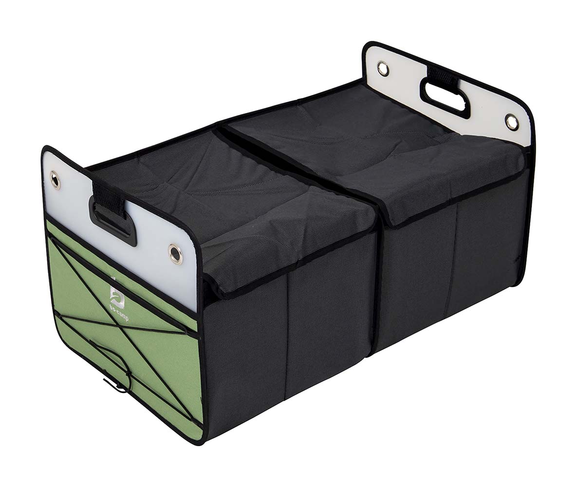 4117410 A folding storage box with 2 compartments. This storage box has reinforced walls, a mesh pocket and two sturdy handles. The cover can also be rolled up and fastened with velcro. Very compact to fold and store after use.