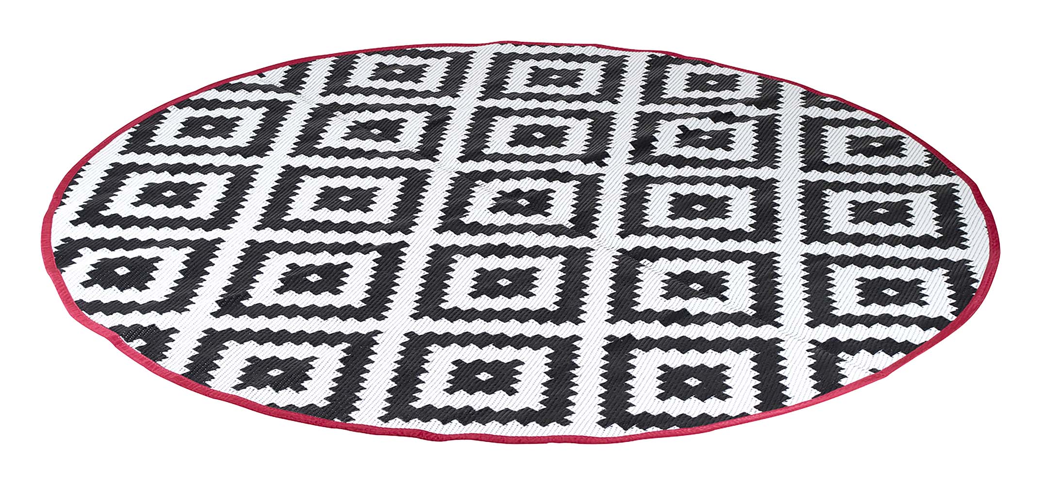 4271100 Una alfombra redonda muy actual con un diámetro de 2 metros. Reversible y decorado por ambos lados. Esta alfombra es impermeable y antifúngica, por lo que también es ideal como manta de picnic, en la tienda (delantera), bajo el toldo, en la playa, en el jardín o en el parque. Fabricado en polipropileno 100% ligero y de alta calidad (380 gr/m²). Además, esta alfombra tiene una vida útil prolongada gracias al tratamiento UV. Viene en una práctica bolsa de transporte.