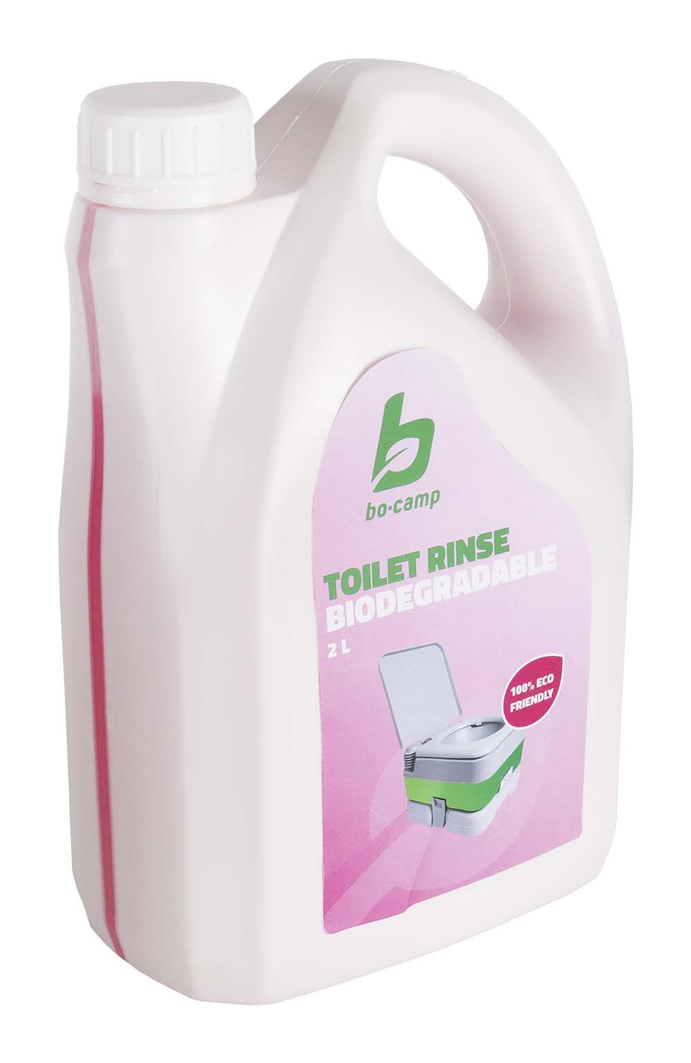 5507105 De Bo-Camp toiletvloeistof Rinse is een milieuvriendelijke, verfrissende toiletvloeistof. De vloeistof is speciaal ontwikkeld voor de spoelwatertank van het chemisch toilet. Een flacon van 2 liter is geschikt voor ca. 20 keer navullen. De vloeistof is biologisch afbreekbaar, door de vloeistof worden vervelende geurtjes en bacteriën afgebroken en zorgt voor een aangename geur. Tevens helpt de vloeistof kalkaanslag voorkomen en laat het een beschermende laag achter in het chemisch toilet.
