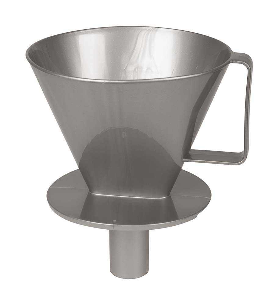6301650 Un resistente portafiltros de café. Este filtro de café es adecuado para la bolsa de filtro núm. 4. Se puede utilizar sobre una taza. Gracias a la boquilla situada en la parte inferior, el filtro también es adecuado para su uso en un termo o en una cafetera.