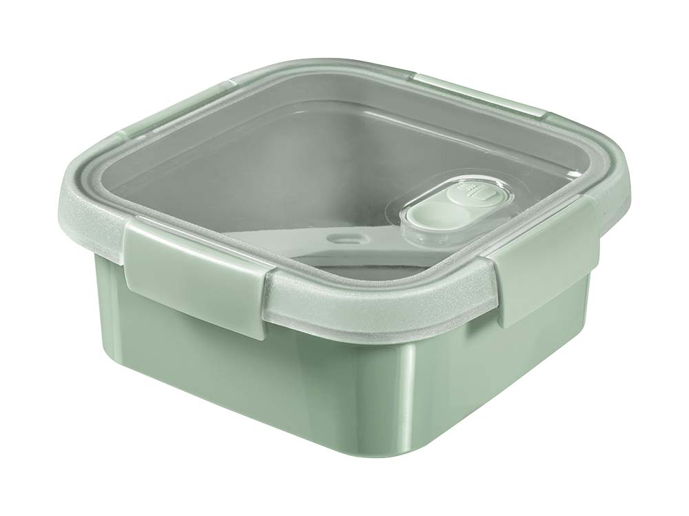 6302231 Lid with 4 sturdy clips and a flexible seal to keep the contents fresh and prevent leaks. Includes a cutlery set with a fork, knife, and spoon. Steam valve on the lid for easy use in the microwave. Made of 100% recycled polypropylene.