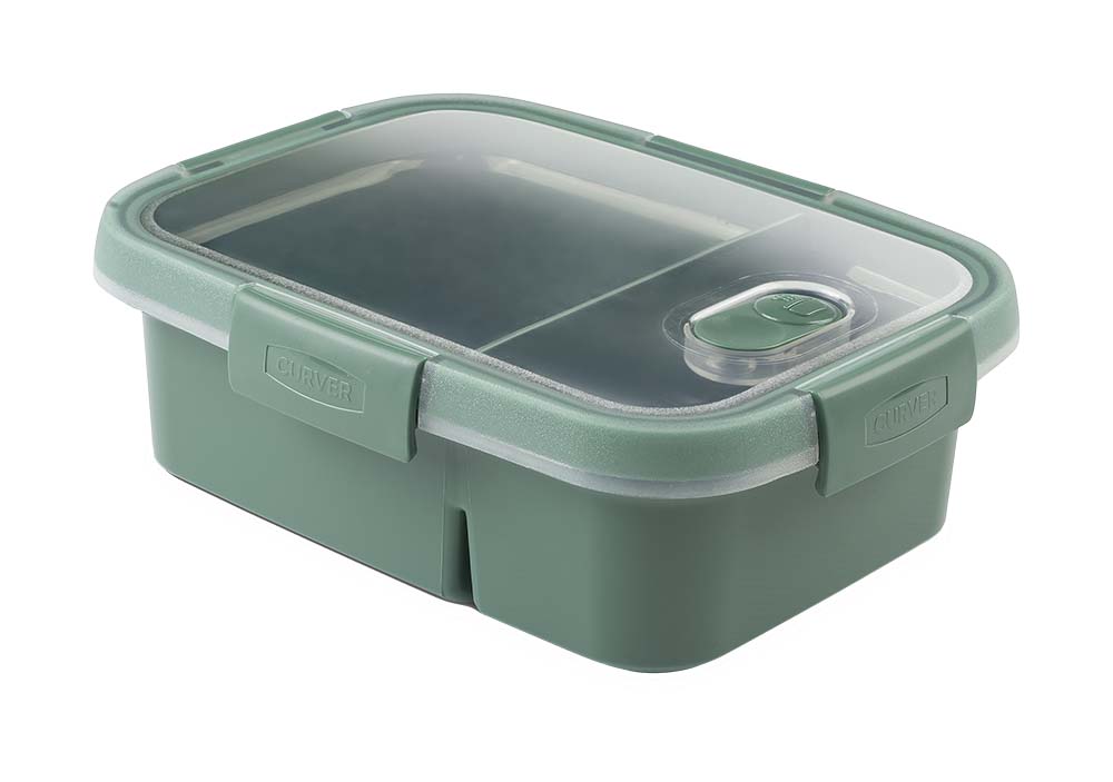6302232 Lightproof duo lunchbox with a capacity of 0.6L and 0.3L. Lid with 4 sturdy clips and a flexible seal to keep contents fresh and prevent leakage. Steam valve on the lid for easy use in the microwave. Made of 100% recycled polypropylene.