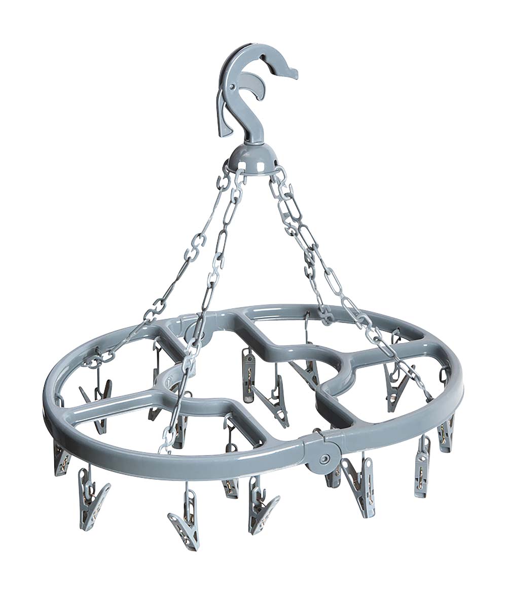 6415151 Compact collapsible drying carousel with a sturdy hook for universal mounting. Comes with 16 clothes pegs.