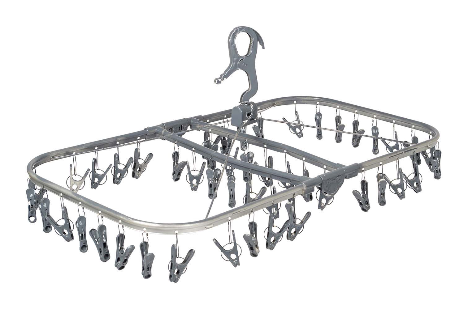 6415158 A rectangular large drying carousel made of high quality aluminum. Can be fixed in many places by the suspension hook. Lightweight and very easy to fold. Has 48 clothespins.