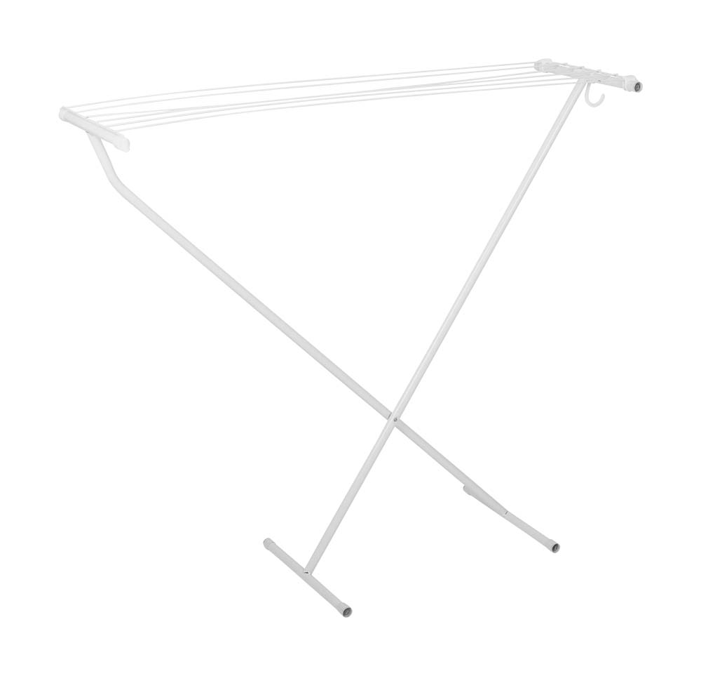 6415179 An extra compact folding drying rack. Made of strong steel so it can easily take a beating. With a total wire length of 5.5 meters. Includes hanging hook to hang a clothespin bag, for example.