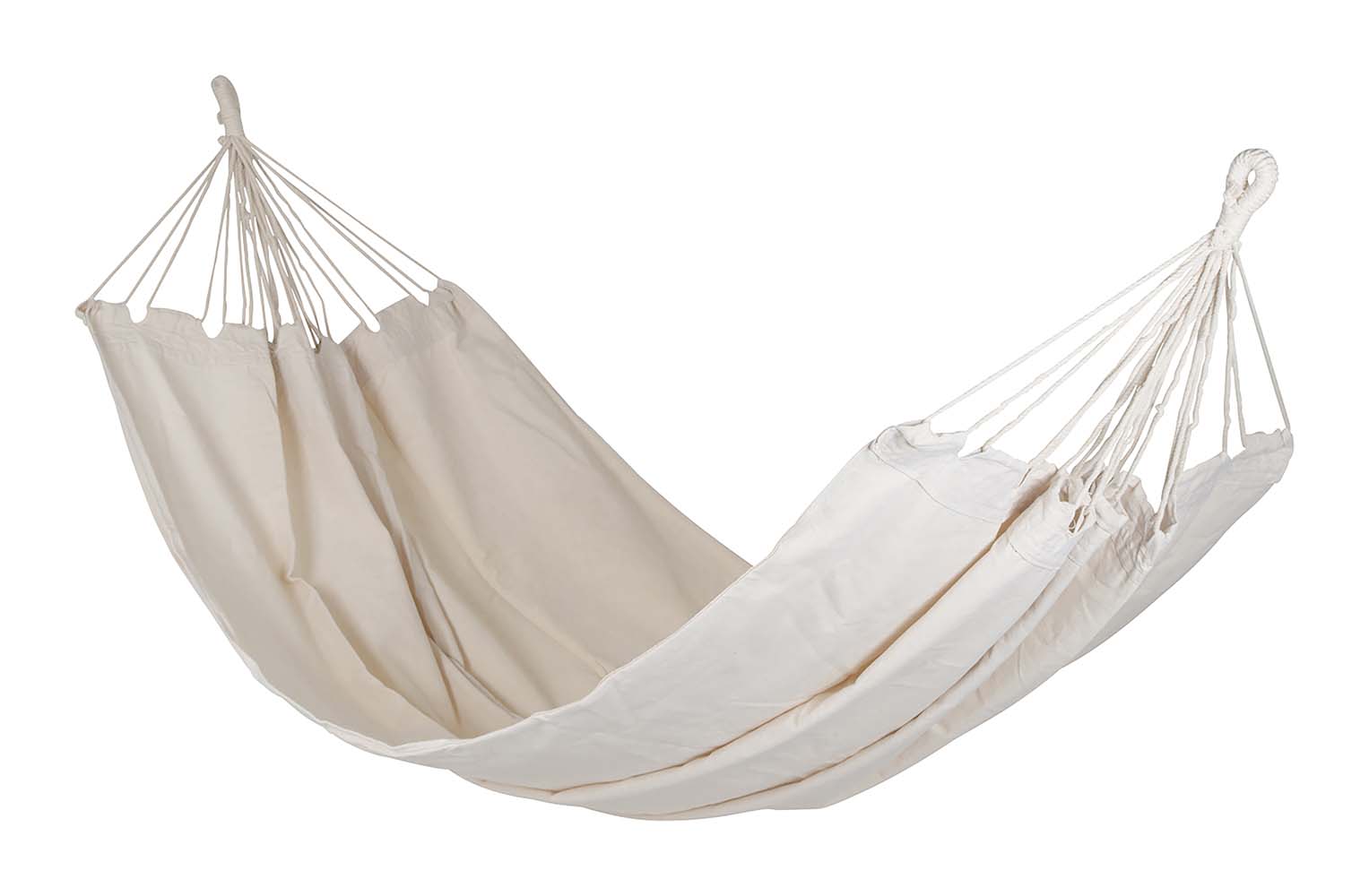 7100223 A stylish and sturdy hammock. To enjoy your holiday to the fullest! Made of sturdy 320gr/m² cotton/polyester. The hammock has no spreading stick, allowing it to adjust to the shape of your body with reduced risk of tilting - for maximum comfort. Maximum load-bearing capacity: 150 kilograms.