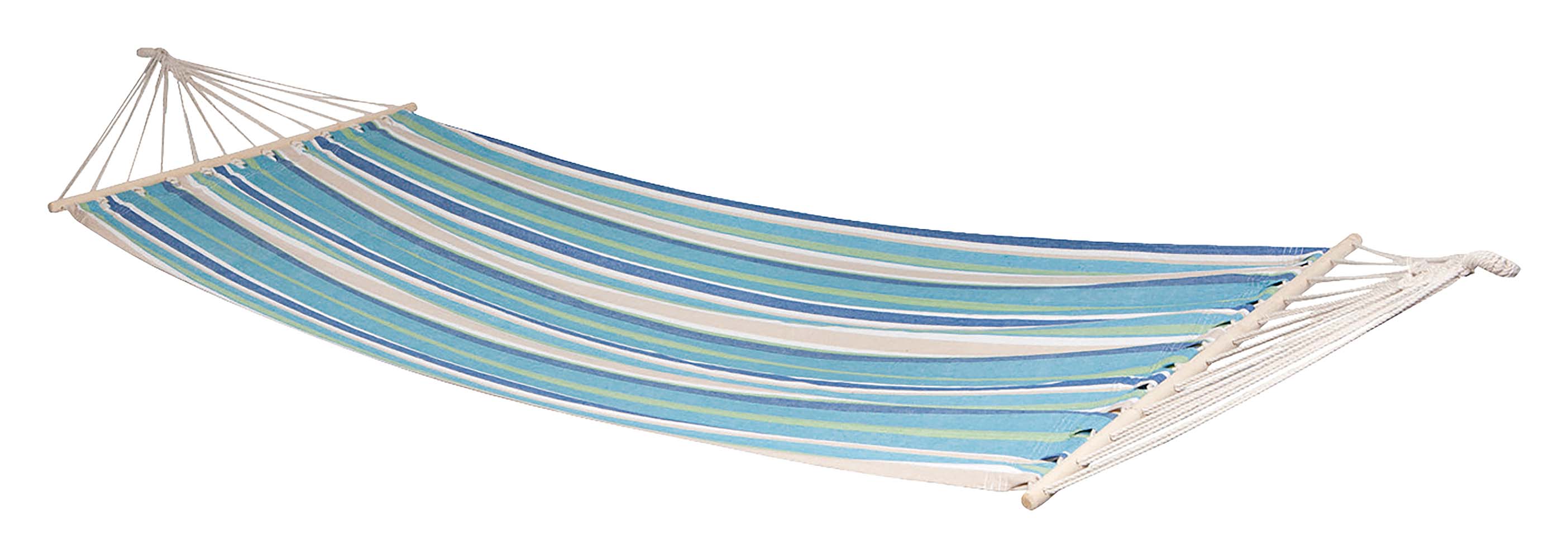 7100246 A cheerful and very sturdy hammock. To enjoy your holiday to the fullest! Made of sturdy 320gr/m² cotton/polyester. The hammock has a spreading stick of 118 cm on the ends so that the fabric is always fully open. Maximum load-bearing capacity: 200 kilograms.