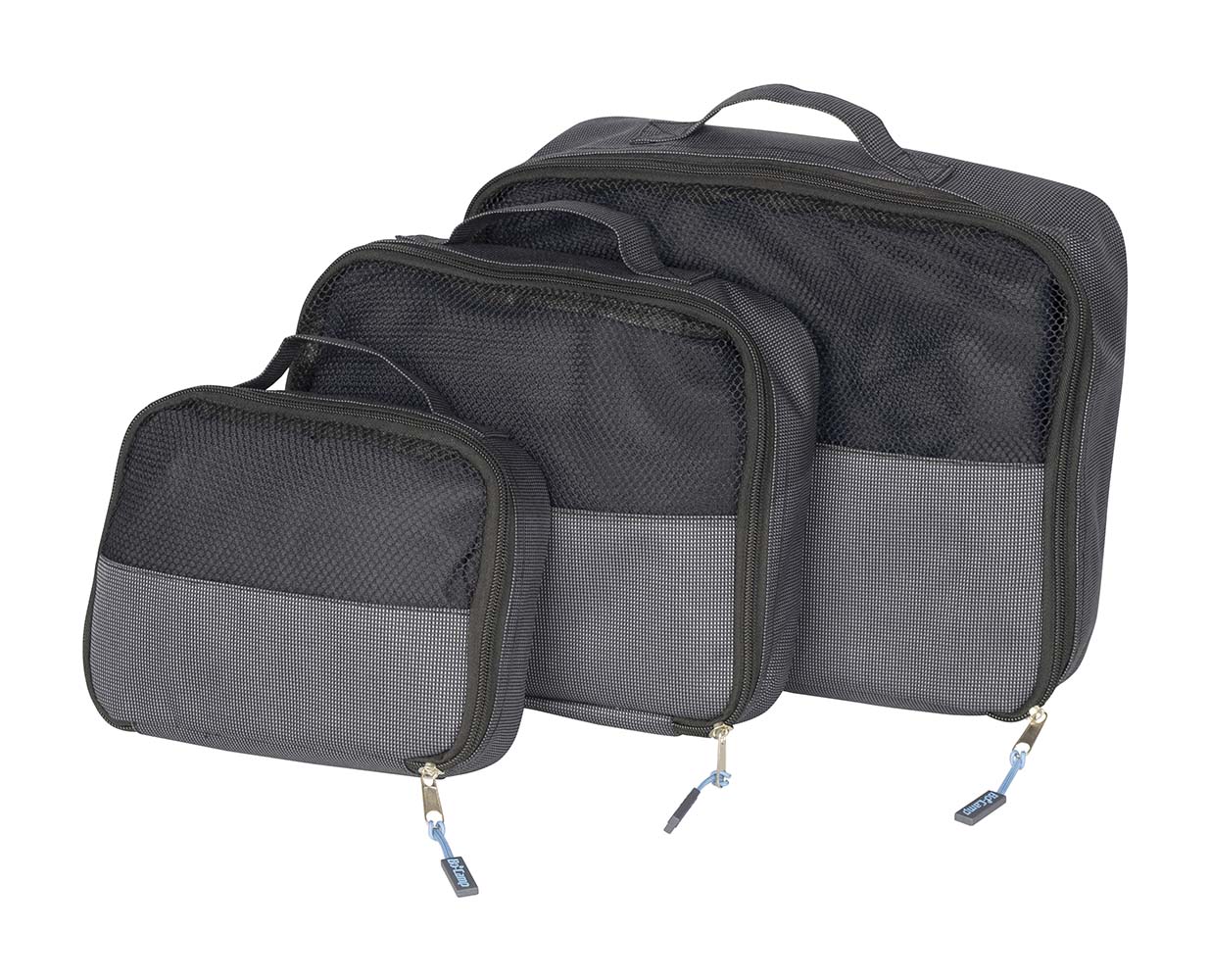 7504370 Praktisches Reisepackungswürfelset in 3 verschiedenen Größen. Ideal zum Ordnen von Sachen, zum Organisieren Ihres Koffers oder von schmutziger oder sauberer Wäsche. Die Tasches haben eine Netzfront und schließen mit einem Reißverschluss.