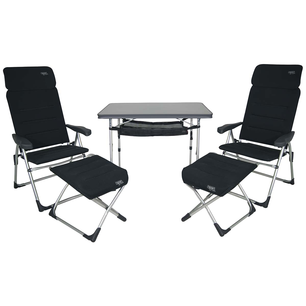 1104959 A set consisting of 2 AA-213 Air-Elite Compact chairs with corresponding footrests, a table AL-246 with storage net, and a storage case. A very compact and ideal set for 2 people. The set is easy to carry in a very compact manner, including a storage case. In total, the set is foldable to a thickness of only 26 cm.