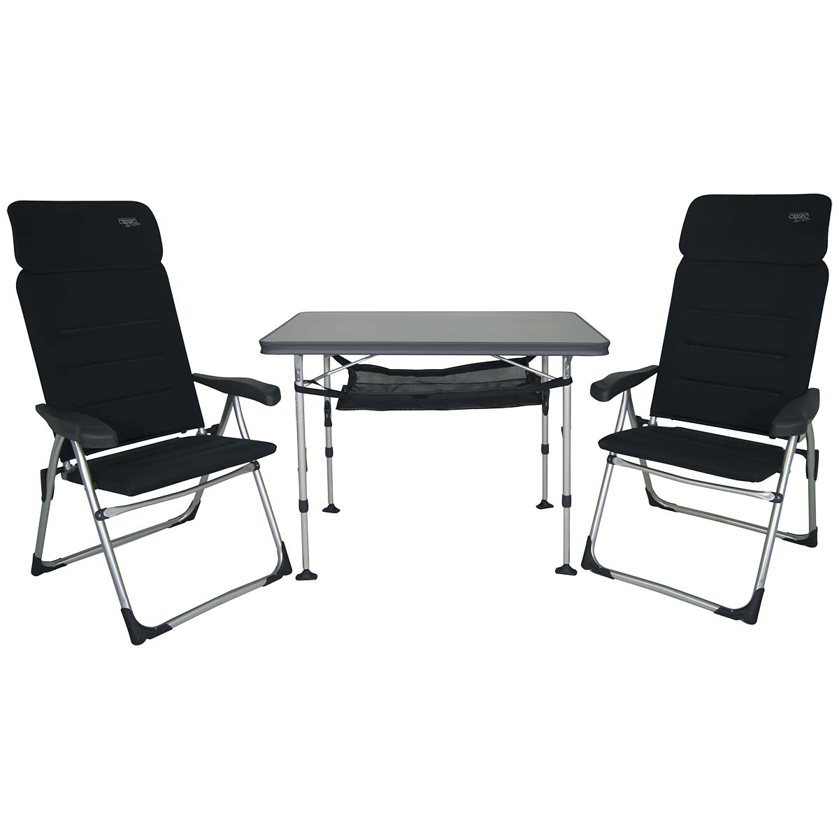 1104968 A set consisting of 2 AA-213 Air-Elite Compact chairs, a table AL-246 with storage net, and a storage case. A very compact and ideal set for 2 people. The set is easy to carry in a very compact manner, including a storage case. In total, the set is foldable to a thickness of only 18 cm.