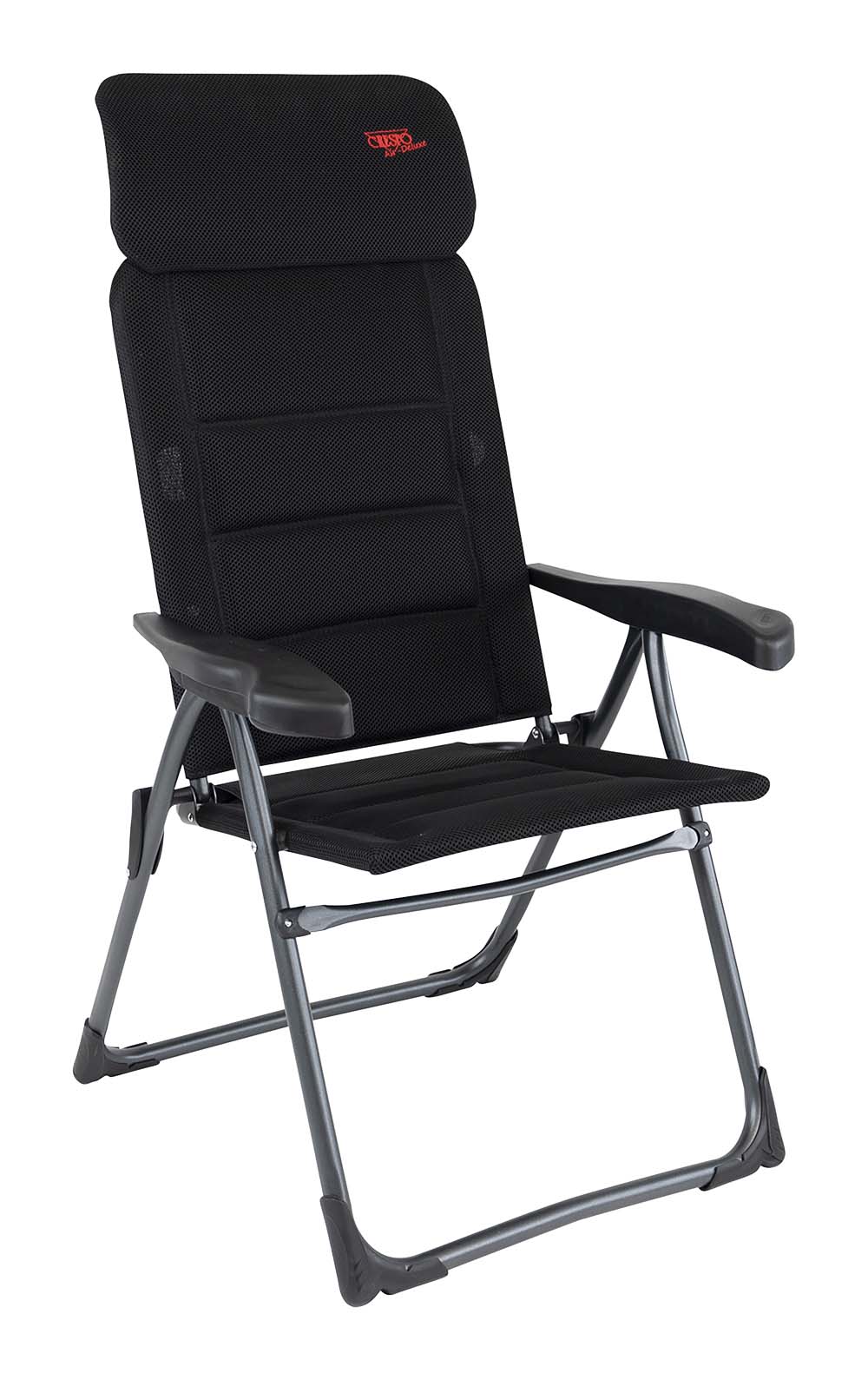 1148012 An extremely compact standing chair. The chair folds flat, this chair is also considered the flattest camping chair. This chair offers maximum comfort with its 7-position adjustable backrest and infinitely adjustable headrest. This chair is equipped with an Air-Deluxe fabric. This comfortable fabric is easy to maintain, has an open cell structure and is therefore air and water permeable. This makes the chair dry much faster than chairs with traditional foam padding. The chair features a U-frame with stabilizers and extra thick tubes for extra strength and stability. This chair is extra compact to store due to the retractable headrest. Up to 50% less packing volume compared to other camping chairs! The chair is of high quality with TÜV Hallmark.