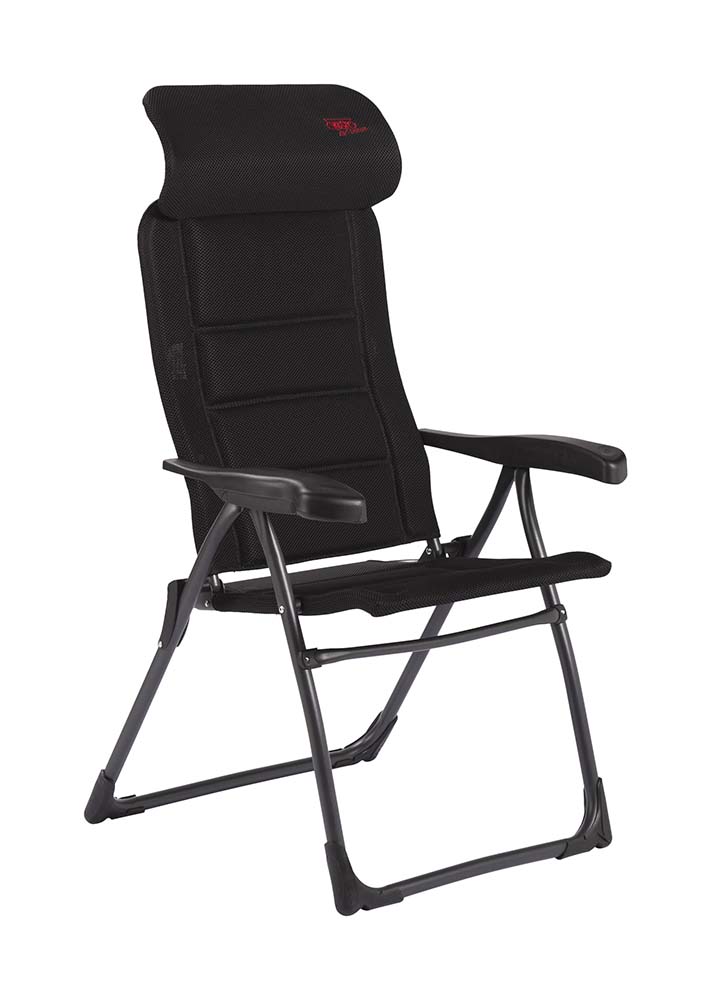 1148020 A lightweight and extra sturdy reclining chair with an adjustable headrest. This chair offers maximum comfort with its 7-position adjustable backrest and padded 3D fabric. The comfortable padding of this fabric is extra breathable and, due to its open-cell structure, does not retain moisture. As a result, the chair dries much faster than chairs with traditional foam filling. Additionally, both the backrest, seat, and armrests are ergonomically shaped. The chair features an anodized U-frame for extra stability and strength. When folded, this chair is compact and, therefore, easy to carry.