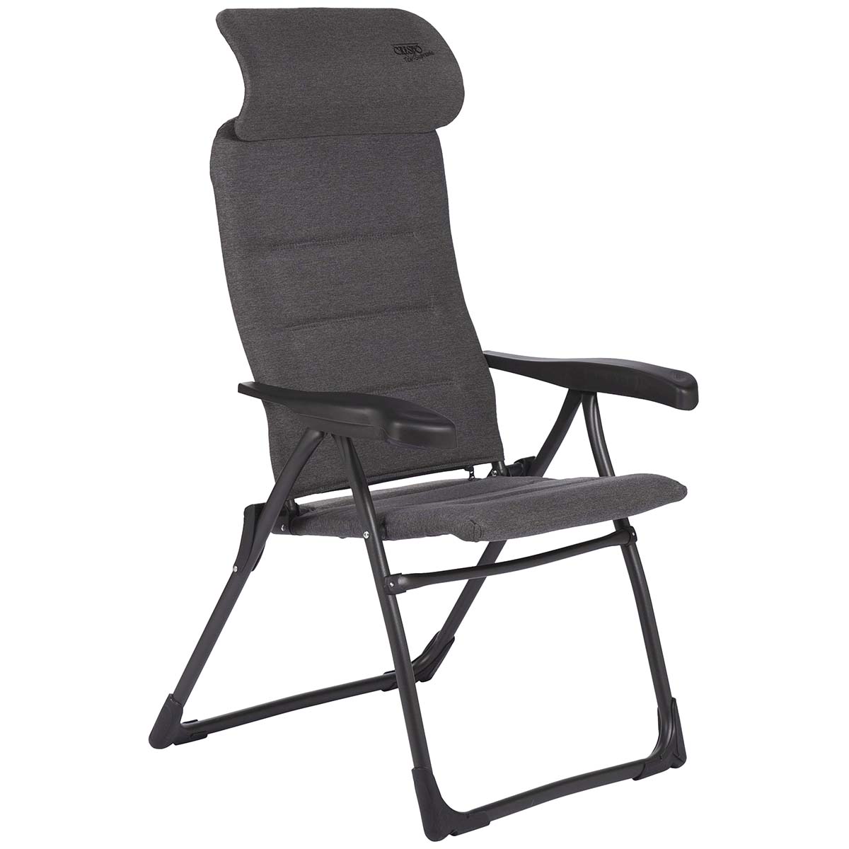 1148023 A lightweight and extra compact reclining chair. This chair offers maximum comfort with its 7 adjustable reclining positions and continuously adjustable headrest. The backrest, seat, and armrests are ergonomically shaped. The comfortable fabric is very easy to maintain, resistant to sun fading, and water-repellent. This makes the chair dry much faster than chairs with traditional foam filling. The chair features a U-frame with stabilizers and extra thick tubes for additional strength and stability. The collapsible headrest allows for extra compact storage. Up to 50% less pack volume compared to other camping chairs!