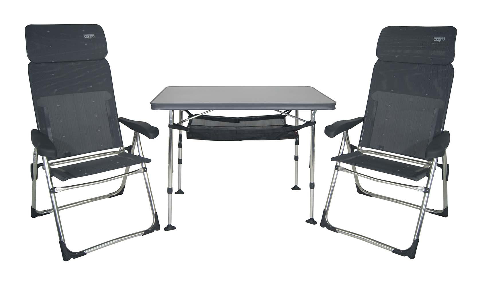 1153850 ¡Fantástico conjunto todo en uno!   Compuesto de mesa AL-246 + 2 sillas AL-213 Compact + red portaobjetos para la mesa y bolsa de transporte. ¡Todo en tan solo 16 cm de grosor! La mesa está fabricada con aluminio súper reforzado y tablero HPL (laminado alta presión) resistente a altas temperaturas y humedad, en color gris. Las Sillas resultan comodísimas, son ligeras y Además tienen el plegado más estrecho (6cm.) Versátil y Práctico, ideal para camper y autocaravana.