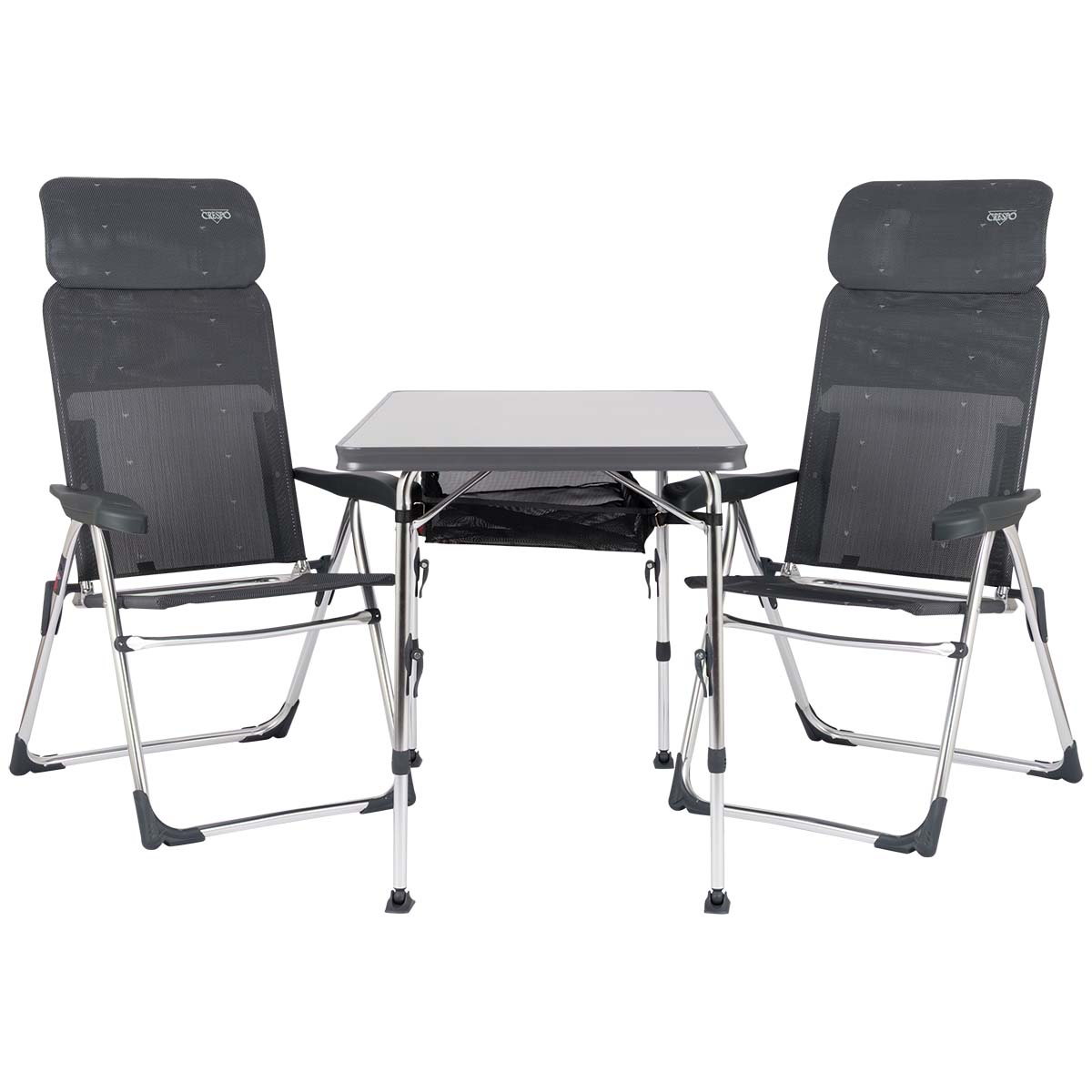 1153853 Een set bestaande uit 2 AL-213 Classic Compact stoelen, een tafel AL-246 met opbergnet en opberghoes.Zeer compacte en ideale set voor 2 personen. De set is zeer compact mee te nemen. Inclusief opberghoes.In totaliteit is de set compact opvouwbaar en maar 16 cm dik.
