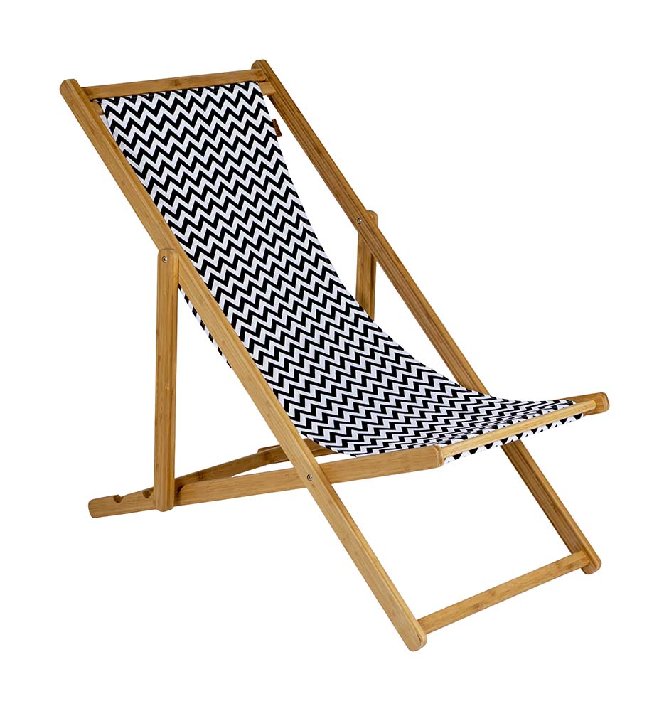 1200300 Una silla de playa clásica con un aspecto moderno. Esta silla extremadamente estable cuenta con una estructura de bambú y un sólido forro de lona. La tela se puede quitar y es fácil de lavar. La silla se puede plegar y transportar (LxAnxAl: 60,5x4x140 cm).