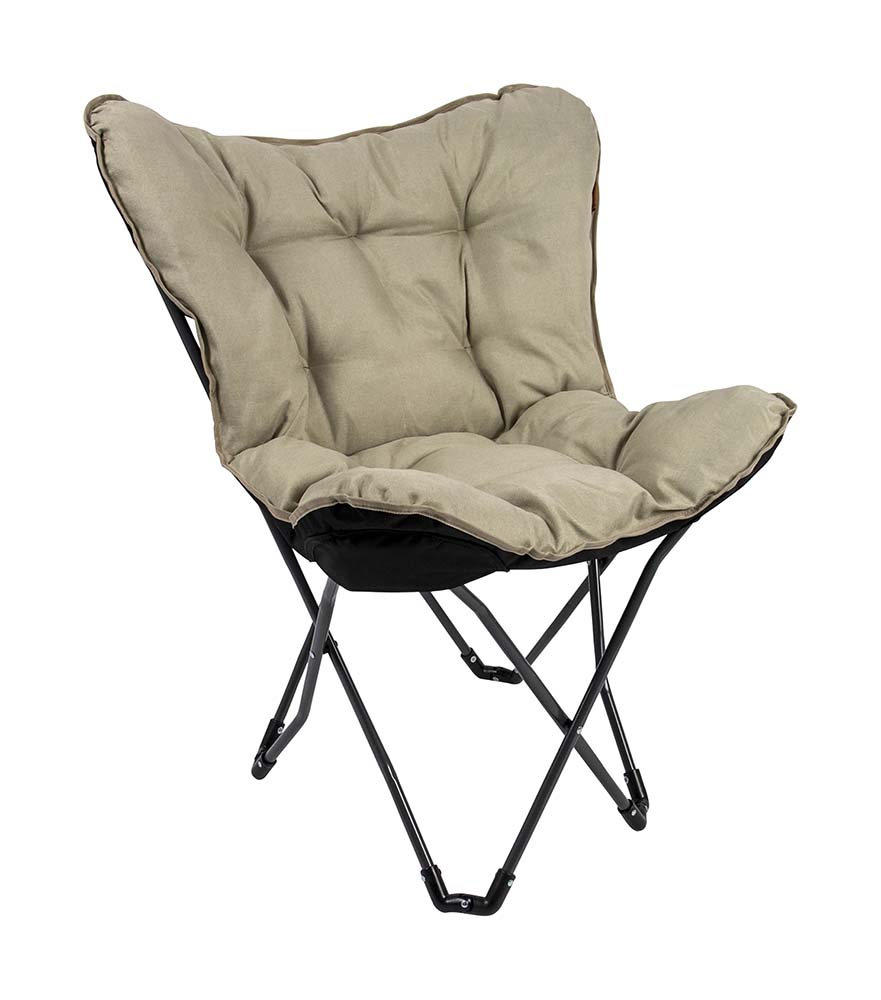 1200364 "Een 'must-have' vlinderstoel uit de Urban Outdoor collectie. De luxe stoel is voorzien van een stijlvol donkergrijs stalen frame. De beige zitting is gemaakt van Oxford polyester en heeft een linnen look.  De stoel is zeer comfortabel door de gepolsterde stof en de brede en diepe zit. Het frame is eenvoudig in te klappen waardoor de stoel handig mee te nemen is. Geschikt voor op de camping, in de tuin maar ook op het balkon of in huis kan deze stoel gebruikt worden."