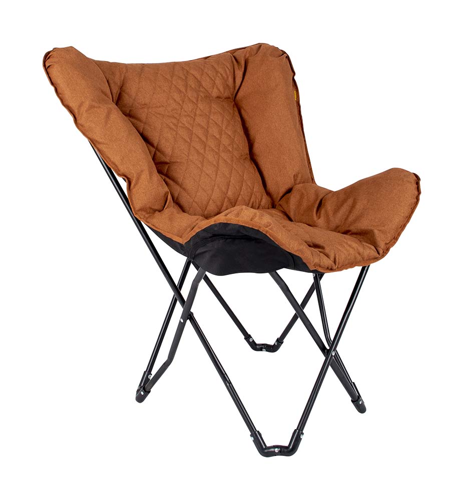 1200366 "Een 'must-have' vlinderstoel. Deze luxe stoel is voorzien van een gestikt patroon. Zeer comfortabel door de gepolsterde Cationic stof en de brede en diepe zit. Het stalen frame is eenvoudig in te klappen waardoor de stoel makkelijk mee te nemen is, inclusief draagtas. Een ideale stoel voor in de tuin of op de camping, maar ook op het balkon en in de woonkamer."