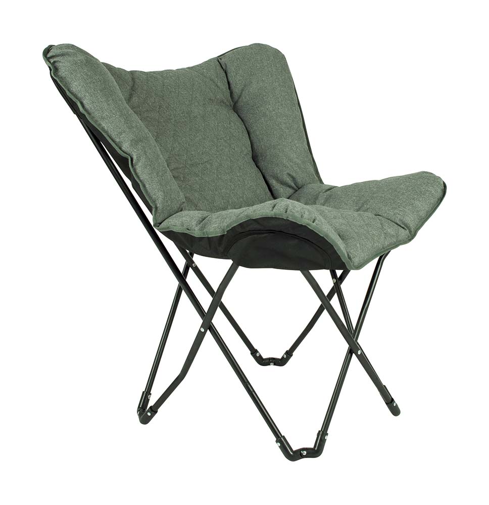 1200367 "Een 'must-have' vlinderstoel. Deze luxe stoel is voorzien van een gestikt patroon. Zeer comfortabel door de gepolsterde Cationic stof en de brede en diepe zit. Het stalen frame is eenvoudig in te klappen waardoor de stoel makkelijk mee te nemen is, inclusief draagtas. Een ideale stoel voor in de tuin of op de camping, maar ook op het balkon en in de woonkamer."