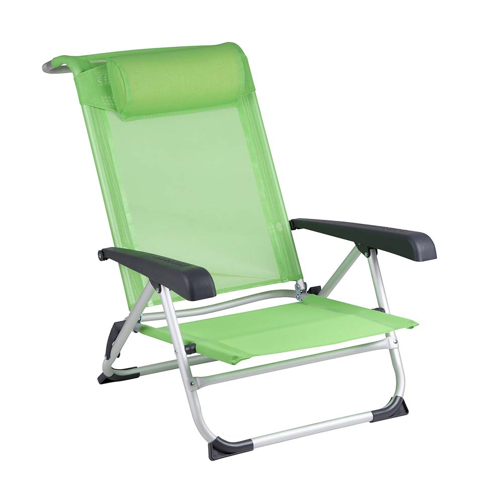 1204794 Een stijlvolle en lichtgewicht strandstoel. Deze stoel is verstelbaar in 8 standen waarvan 1 stand volledig plat ligt. Hierbij steunt de gebogen bovenkant voor ondersteuning op de grond. Daarnaast is deze strandstoel voorzien van comfortabele armleuningen, stabilisatoren voor extra stabiliteit en een verstelbaar hoofdkussen. Deze stoel beschikt over een lichtgewicht geanodiseerd aluminium frame met textileen bekleding. Eenvoudig in te klappen en zeer compact mee te nemen