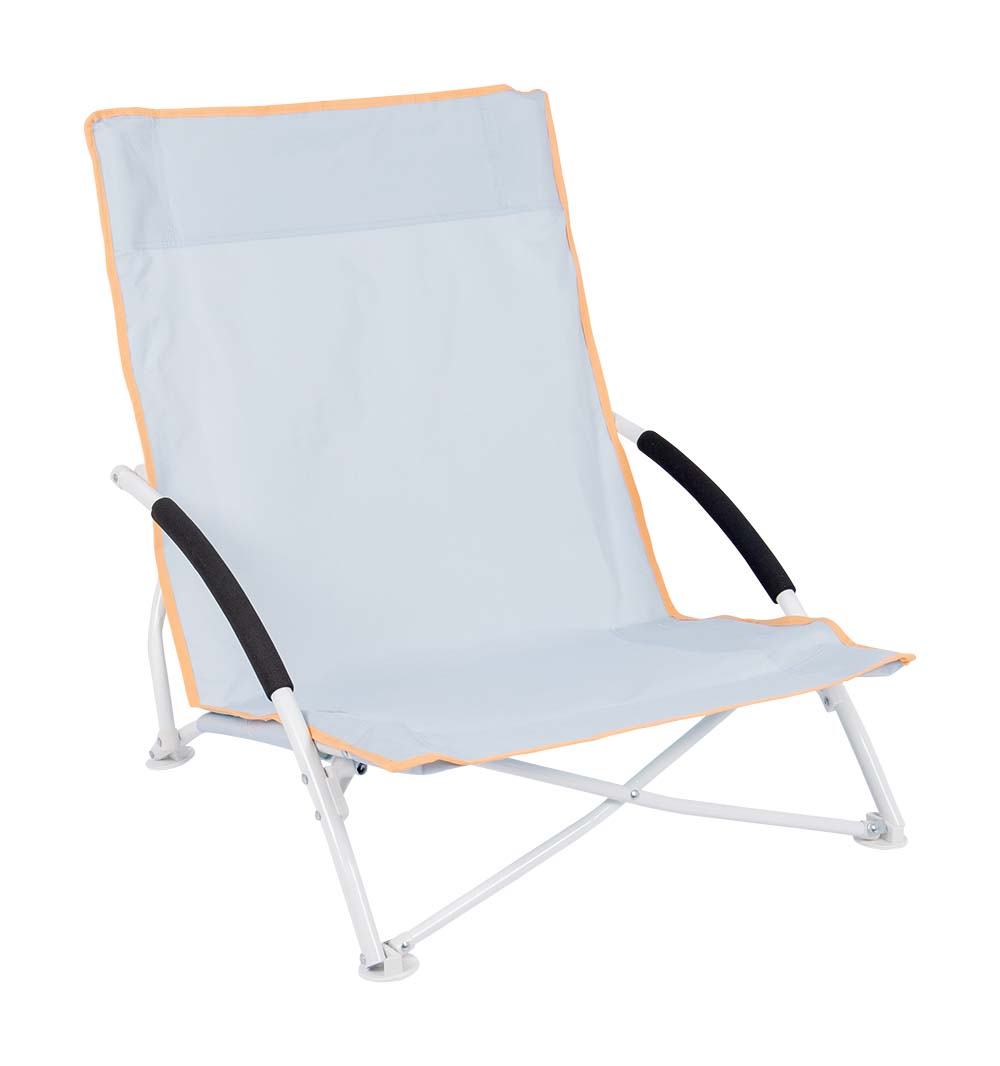 1204801 Ein kompakter und fröhlicher Strandstuhl aus der Pastell-Kollektion. Dieser solide Strandstuhl verfügt über komfortable Armlehnen mit Schaumstoffbezug. Der Stuhl ist mit einem stabilen Stahlrahmen und einer 600-DEN-Nylonbespannung ausgerüstet mit Pastellfarben. Einfach einzuklappen und sehr platzsparend zu transportieren (LxBxH: 54x57x64 cm). Sitztiefe: 42 cm. Max. Belastbarkeit: 80 kg.