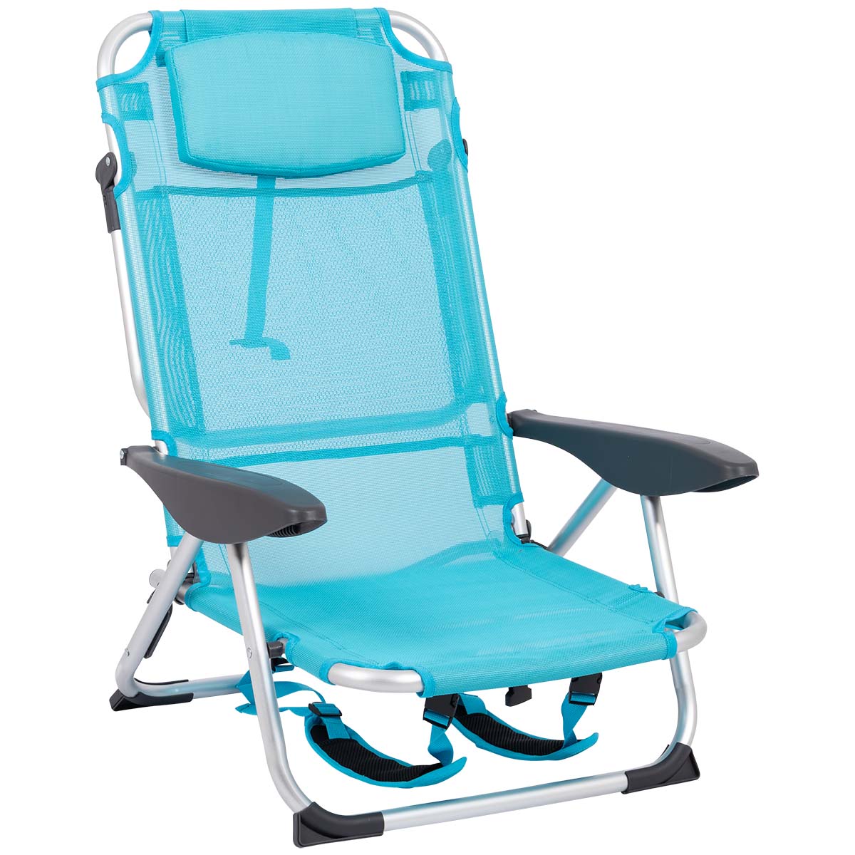 1204802 Geniet van optimaal comfort met deze blauwe strandstoel, uitgevoerd met een stevig aluminium frame en een ventilerende Textilene bekleding. De stoel is voorzien van een hoofdkussentje voor extra ontspanning. Dankzij het inklapbare ontwerp is hij eenvoudig mee te nemen én compact op te bergen. Uniek aan deze stoel zijn de handige draaglussen aan de onderzijde, waardoor je hem als rugzak op je rug kunt dragen. Ideaal voor onderweg naar het strand of de camping.
