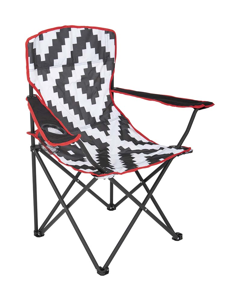 1267187 A trendy and modern lightweight folding chair. This folding chair has comfortable armrests with a special drinks holder. Very compact when folded and the included carrier bag makes for easy transport. The chair has a steel frame with a 600 denier nylon seat.