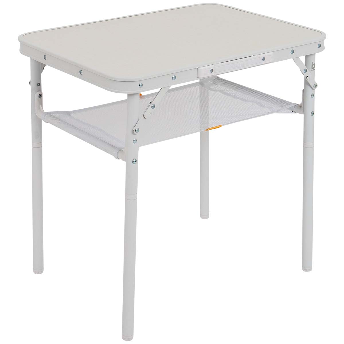 1404240 A stylish aluminum table with an light colored wood-look table top from the pastel collection. By means of the set screws, the table legs can be adjusted to an uneven surface. In addition, the table is very compact due to the removable legs. The table is equipped with a net under the MDF table top to store items, and a handle that makes the table easy to carry. The table is adjustable in height: 25/60 cm.