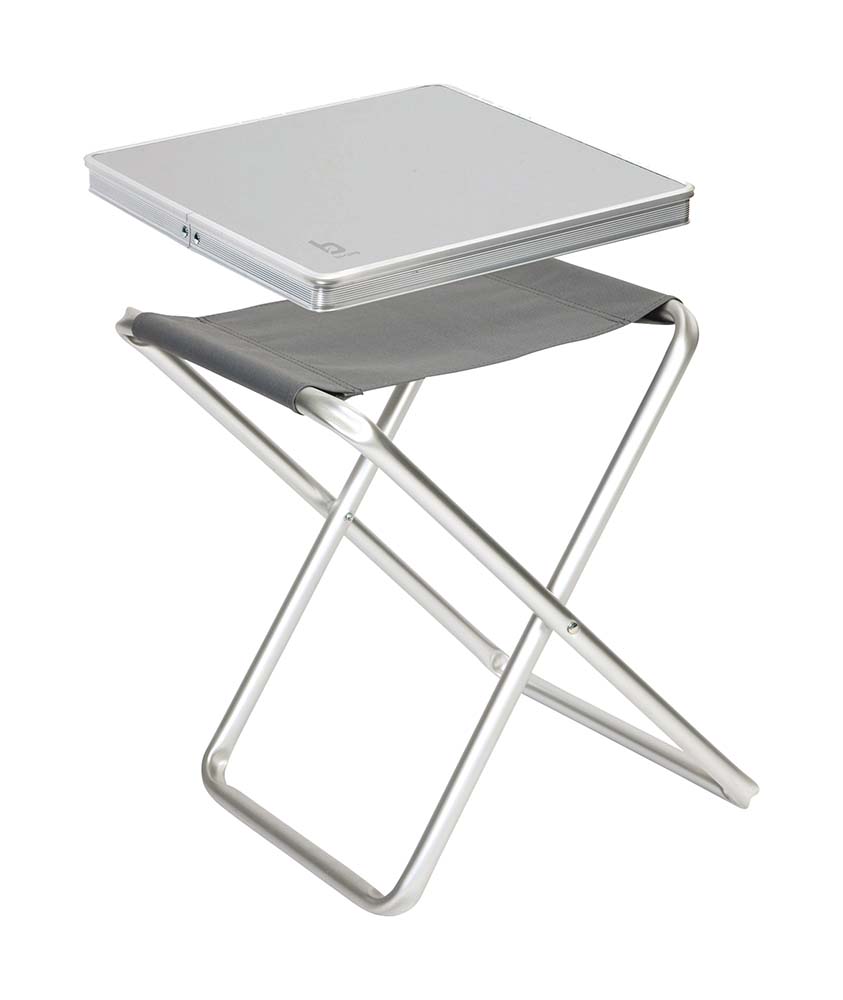 1404352 A very sturdy and stable stool with handy supporting sheet. This allows this stool to be used to sit on, but also as side table. This stool has an aluminium frame and a comfortable 600D nylon seat cover. The supporting sheet is made from MDF with a sturdy aluminium edge. Turned over this supporting tray can also be used as serving tray. Seat height: 45 centimetres.
