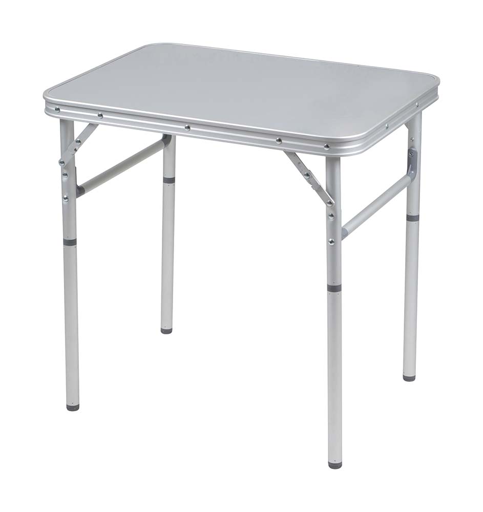 1404380 Ein äußerst stabiler Campingtisch mit wasserfester und hitzebeständiger Tischplatte. Dieser Tisch hat abnehmbare Beine, die an der Unterseite der Tischplatte leicht zu verstauen sind. Aus leichtgewichtigem Aluminium mit einer wasserfesten und hitzebeständigen Tischplatte. Die Tischbeine sind auf 4 verschiedene Höhen verstellbar (25/60 cm) und haben Stellschrauben für die Feineinstellung. Eingeklappt (LxBxH): 60x45x3,5 cm.