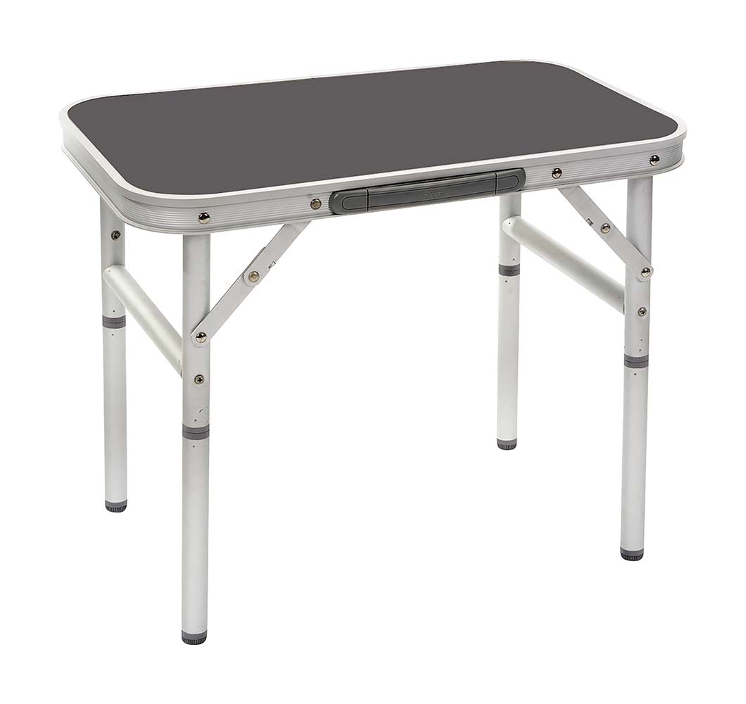 1404394 A compact and stable camping table. This table has removable legs and can therefore be folded easy and compact. Made of light weight aluminium The legs are adjustable in height (24/45 cm) and have adjusting screws for fine tuning. Folded up (LxWxH): 56x34x3.5 centimetres.