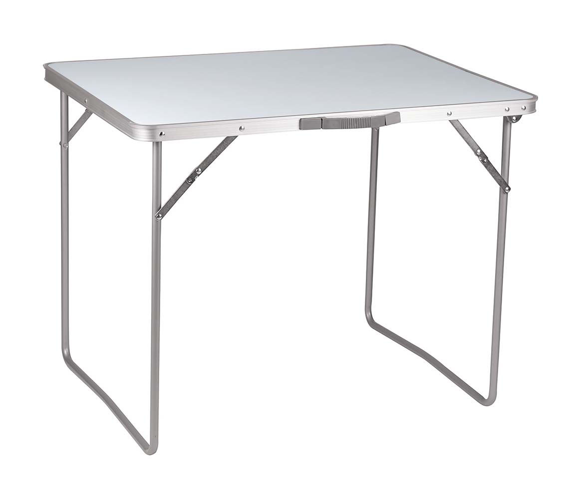 1404426 Ein stabiler Campingtisch. Der Tisch besteht aus einem Stahlrahmen und einer MDF-Platte. Einfach einzuklappen, kompakt zu lagern und mit befestigtem Handgriff, der de Transport des Tisches erleichtert. Eingeklappt (LxBxH): 80x60x6 cm.