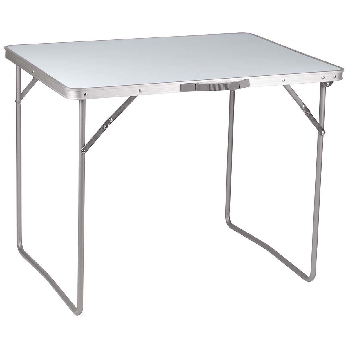 1404426 A stable camping table. This camping table has a steel frame and an MDF top. Easy to fold up, compact to store and with a solid handle in order to carry the table easily. Folded up (lxwxh): 80x60x6 centimetres.