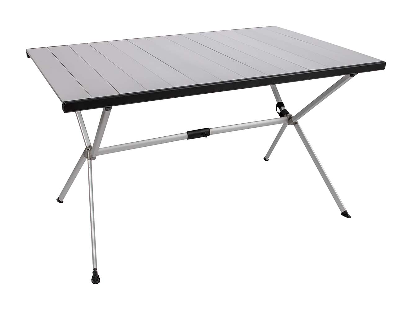 1404438 Una mesa de aluminio con patas cruzadas muy estable. Esta mesa es totalmente plegable y cómoda de transportar. El tablero de la mesa se puede enrollar completamente. También se pueden plegar las patas.