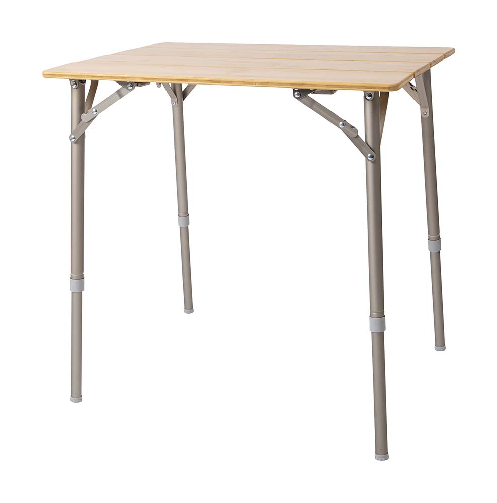 1404645 A very luxurious and stylish table. This table has a very sturdy frame with a thick bamboo table top. Has collapsible legs and a dividable laminate table top.  The Air-Craft aluminium table legs are adjustable in height (43 to 65 cm). Folding up the 4 sections of the table means that the table can be folded up compactly for transport (lxwxh: 65x14.5x10.5 cm). Can be set up within a few seconds.  Is delivered in a handy carrying case.