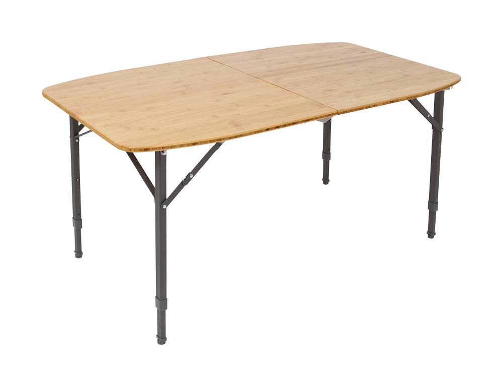 1404652 Ein sehr luxuriöser und stilvoller runder Tisch. Dieser wasserdichte Tisch verfügt über einen sehr robusten Aluminiumrahmen mit einer dicken Bambus-Tischplatte. Er hat klappbare Beine und eine teilbare Tischplatte, die den Transport erleichtert. Die Air-Craft Aluminium-Tischbeine sind in 3 Höhen verstellbar (49/58/70). Wird in einer praktischen Tragetasche geliefert.
