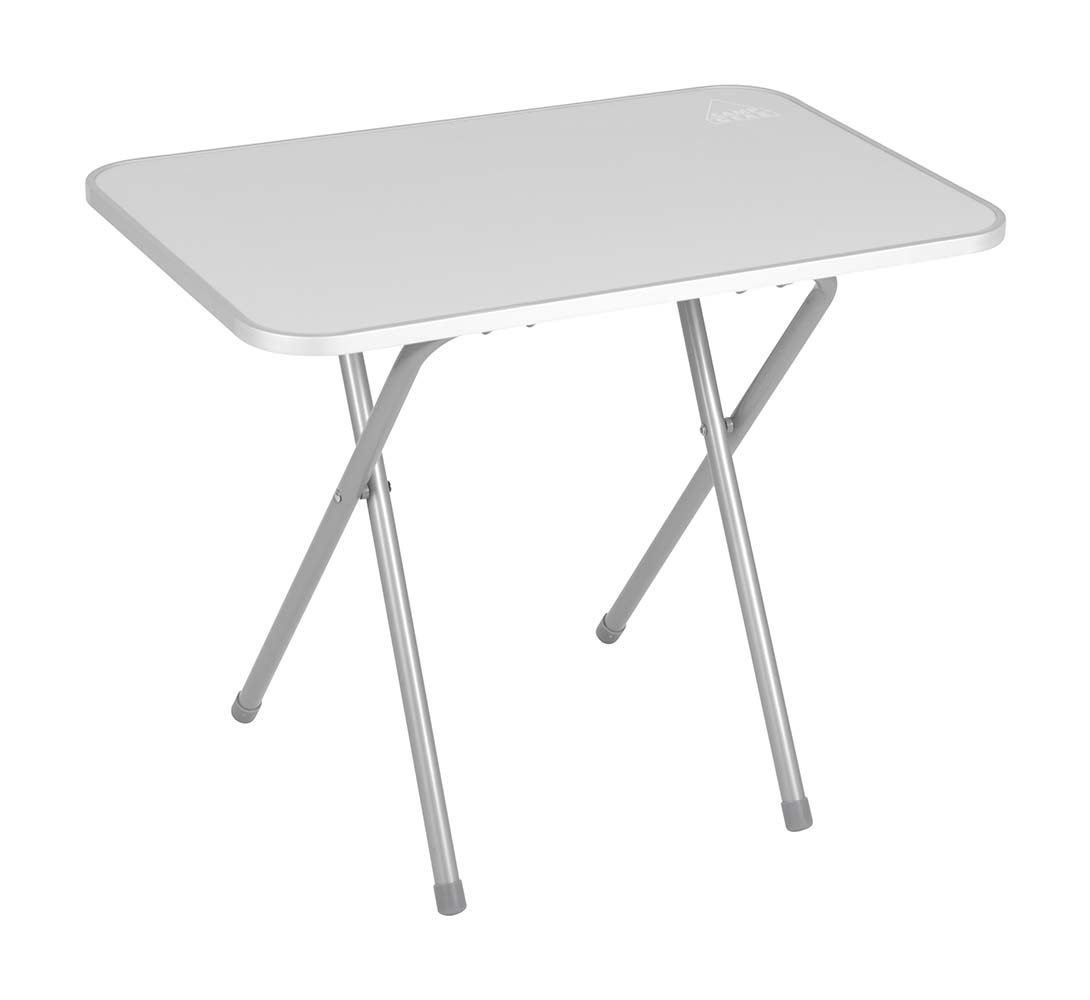 1405060 Ein aufklappbarer Tisch. Dieser Campingtisch besteht aus einem Stahlrahmen und einer MDF-Platte. Durch die abgedichteten Ränder und den Aluminium-Stoßrand ist die Tischplatte nahezu wasserdicht. Der Tisch lässt sich einfach einklappen.
