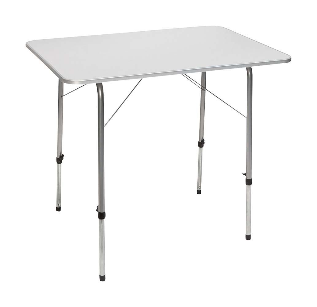 1405505 An extremely compact camping table. This table has a steel frame and 4 adjustable legs (50 to 70 cm). The adjustable legs are separately adjustable so the table is stable on almost any surface. The table top is more resistant to water through the sealed edges and aluminium protective edge. Folded up (LxWxH): 80x60x7 centimetres.