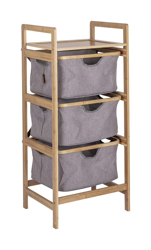 1609328 Un armario de camping de diseño moderno con 3 cestas extensibles. El mueble tiene una estructura de bambú y tiene muy bonitos detalles de acabado. Ideal para la tienda de campaña, en casa, en el baño o en el balcón.