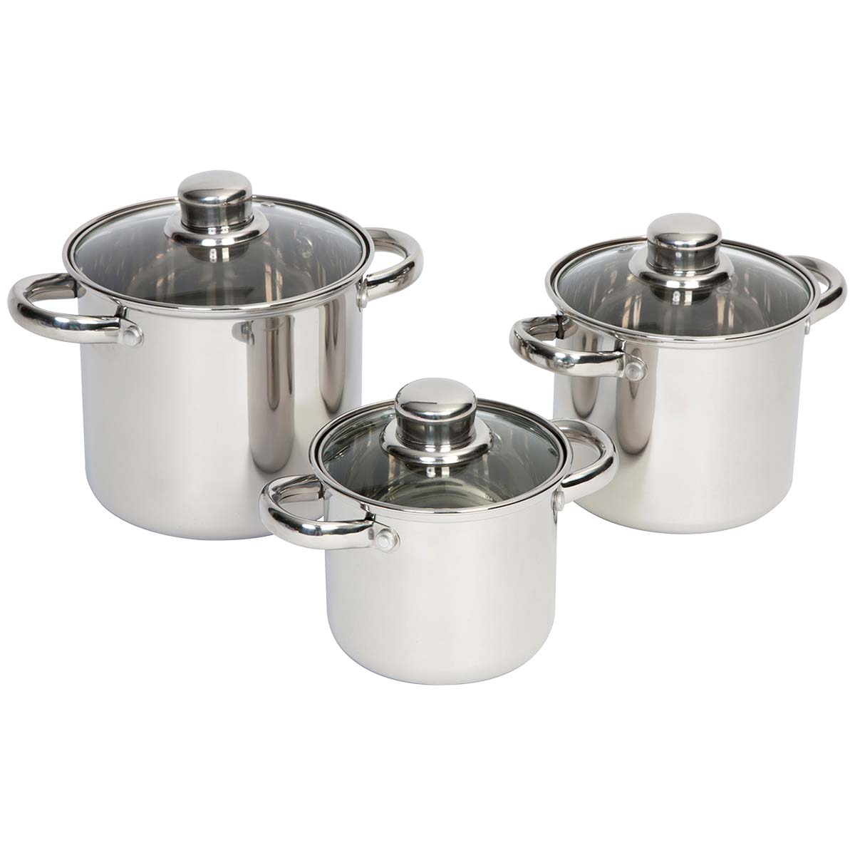 2100940 A 3-part stainless steel cookware set. Each pan has a sturdy glass lid. These narrow and high pans are extremely suitable for the limited space on gas burners. Can be used on gas, ceramic and electrical heat sources. Dimensions (Øxh): 12x11, 14x13 and 16x15 cm. Contents: 1,3, 2 and 3 litres.