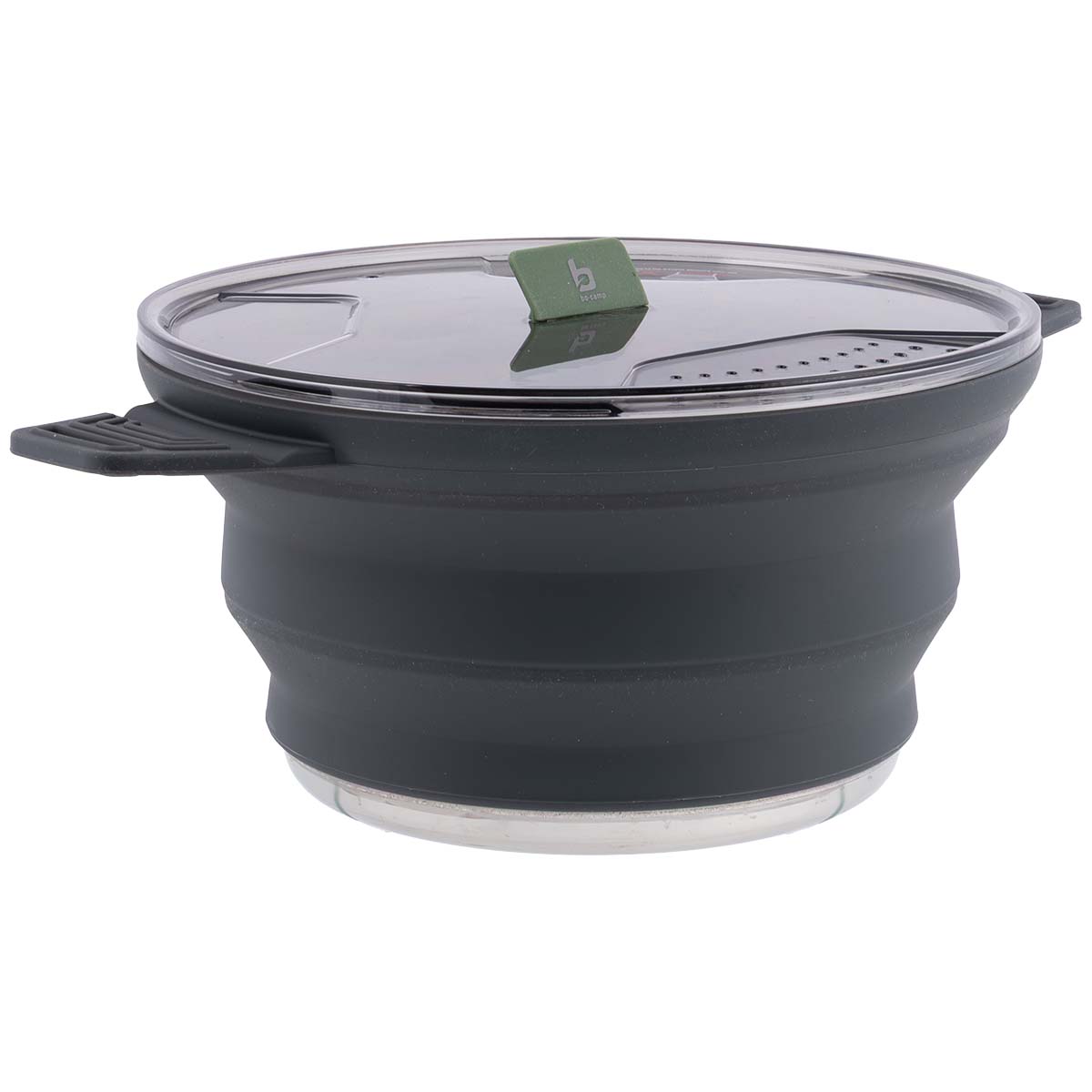 2101006 Een stevige en compacte kookpan van hoogwaardig siliconen met een roestvrijstalen bodem. De pan beschikt over een sterke Tritan deksel en is volledig opvouwbaar, zodat hij uiterst compact kan worden opgeborgen. Ideaal voor kamperen en buiten activiteiten. Geschikt voor de warmtebronnen gas, keramisch en elektrisch.