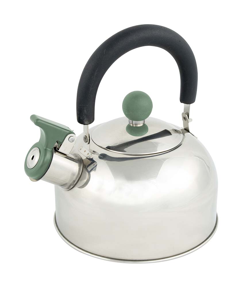 2102048 A high quality tea kettle. Made of stainless steel and equipped with an extra sturdy base.  Extra compactdue to the foldaway whistling cap and handle. In this way the contents can be poured easily without losing the cap. Suitable for gas, ceramic, electric, and induction heat sources.