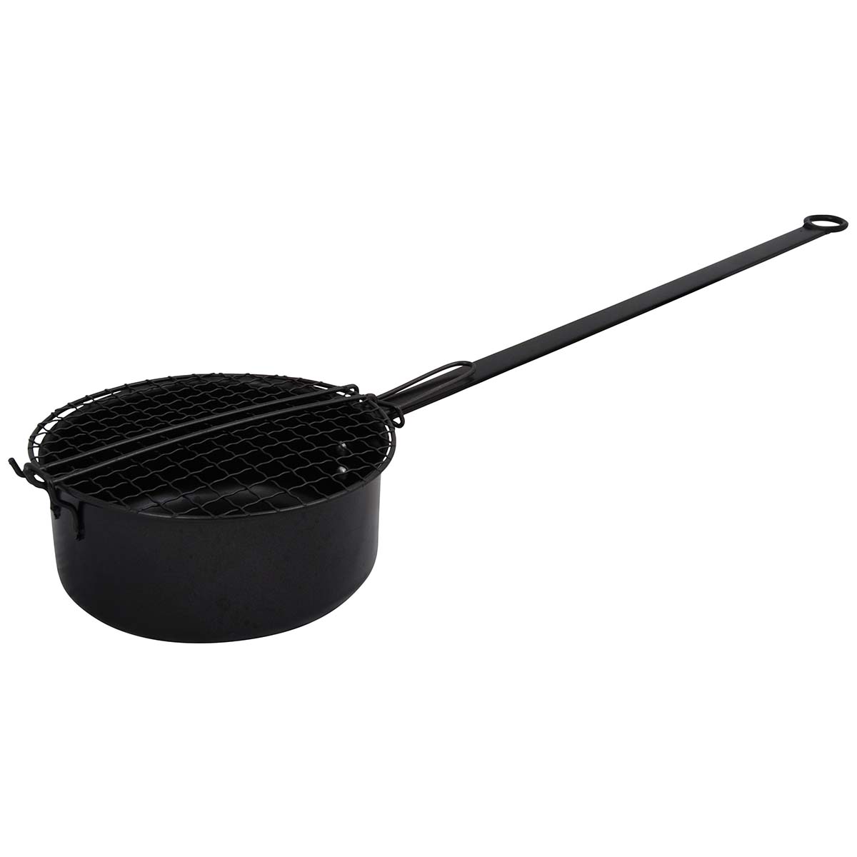 2305100 A popcorn pan especially for outdoor use. With an extra long handle so that the pan can be used over an open fire at a safe distance from the flames. Made of steel especially for outdoor use. Easy to hang using the eyelet at the end of the handle.