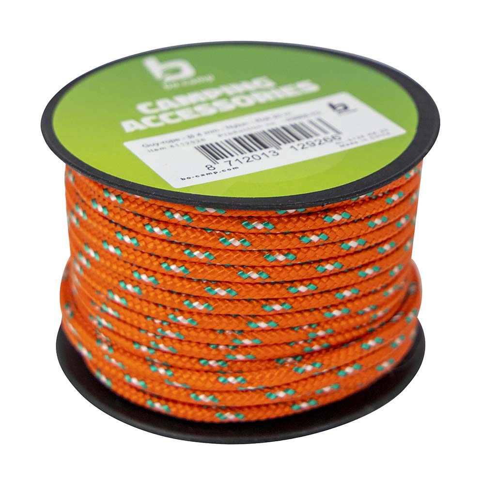 4112926 Orangefarbene Seil von 20 m auf einer Rolle. Dieses Seil ist aus stabilem und langlebigem Nylon hergestellt. Läuft durch Regen und/oder Sonne nicht ein und dehnt sich nicht.