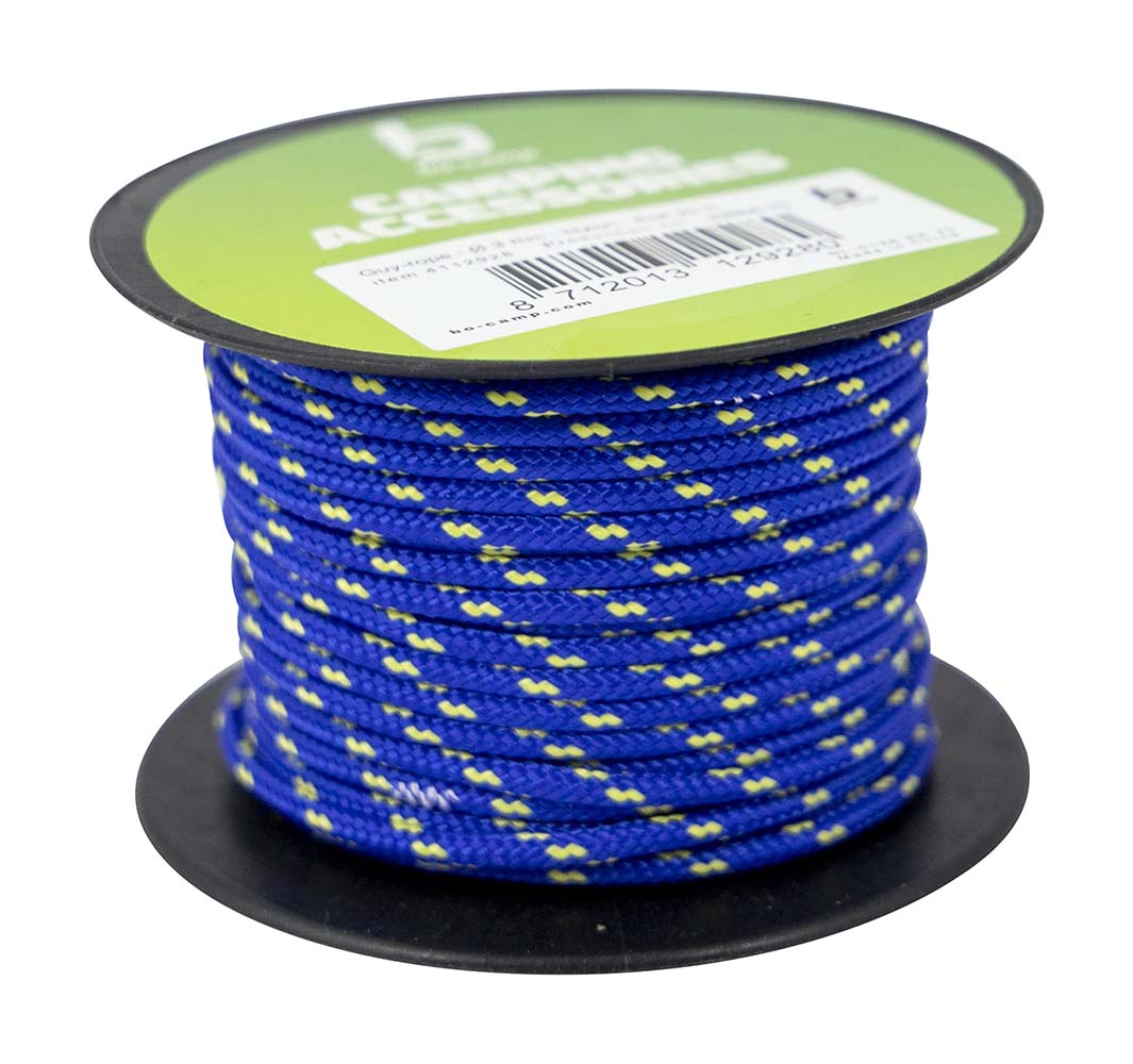 4112928 Ein Blaues Seil von 20 m auf einer Rolle. Dieses Seil ist aus starkem und langlebigem Nylon. Läuft durch Regen und/oder Sonne nicht ein und dehnt sich nicht.